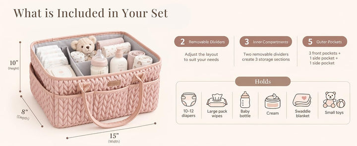 Konssy Baby Diaper Caddy Organizer, Braided Quilted Design with PU Handles - product details 3