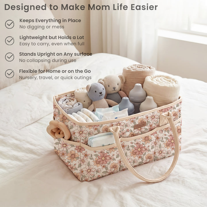 Konssy Quilted Diaper Caddy Organizer, Diaper Caddy Basket with Vegan Leather Handles, Water-Repellent Nursery Storage Basket, Portable Car Organizer, Registry Search Must Haves
