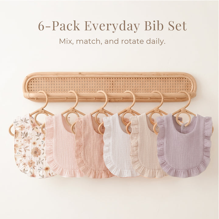 Konssy 6-Pack Muslin Baby Bibs for Girls, Soft 100% Cotton Drool Bibs with Ruffle Trim, Adjustable Infant Feeding Bibs