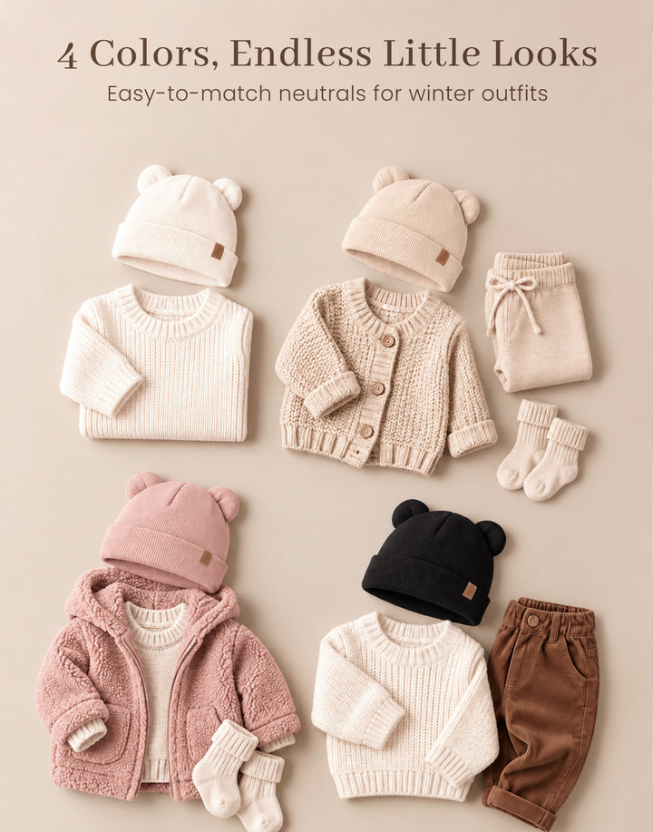 Konssy 4 Pack Baby Beanie with Bear Ear Warm Winter Hat for Newborn Infant Cozy Double-Layer Knitted Warm Cap, Extra-Soft Stretch Beanies, Multicolor Set, Baby Winter Hat for Boys and Girls 0-6 Months