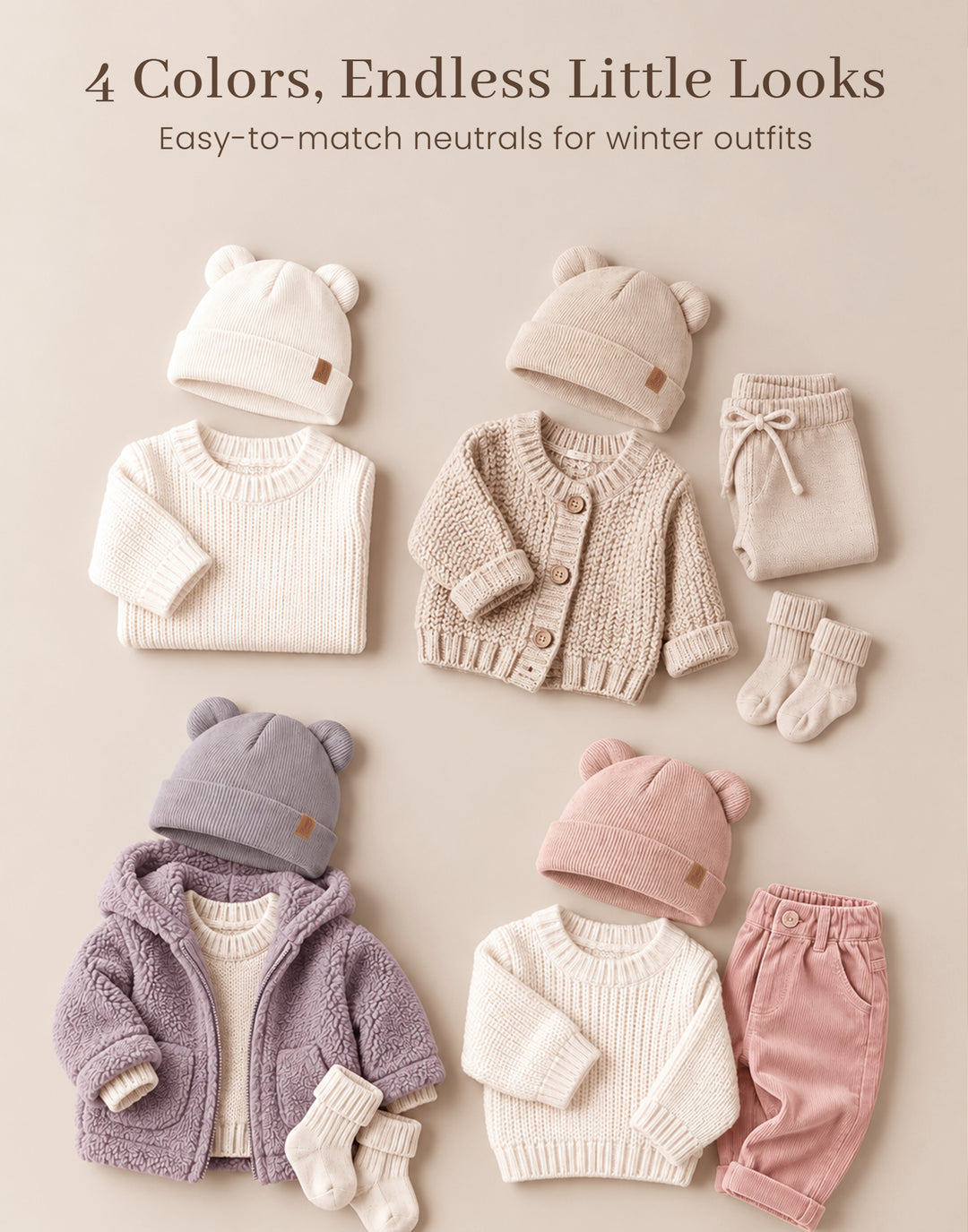 Konssy 4 Pack Baby Beanie with Bear Ear Warm Winter Hat for Newborn Infant Cozy Double-Layer Knitted Warm Cap, Extra-Soft Stretch Beanies, Multicolor Set, Baby Winter Hat for Boys and Girls 0-6 Months