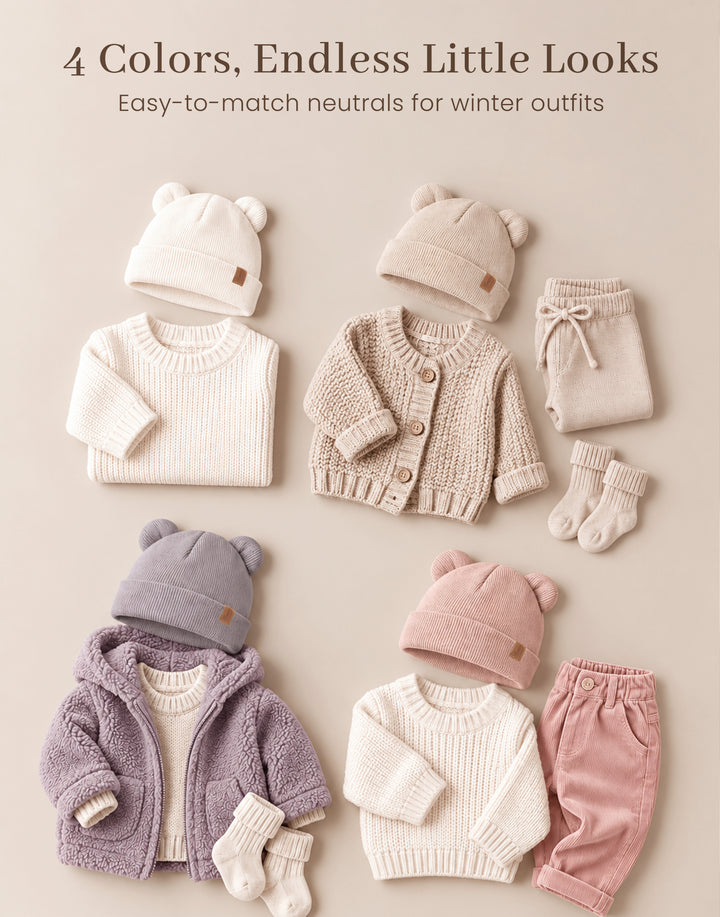 Konssy 4 Pack Baby Beanie with Bear Ear Warm Winter Hat for Newborn Infant Cozy Double-Layer Knitted Warm Cap, Extra-Soft Stretch Beanies, Multicolor Set, Baby Winter Hat for Boys and Girls 0-6 Months