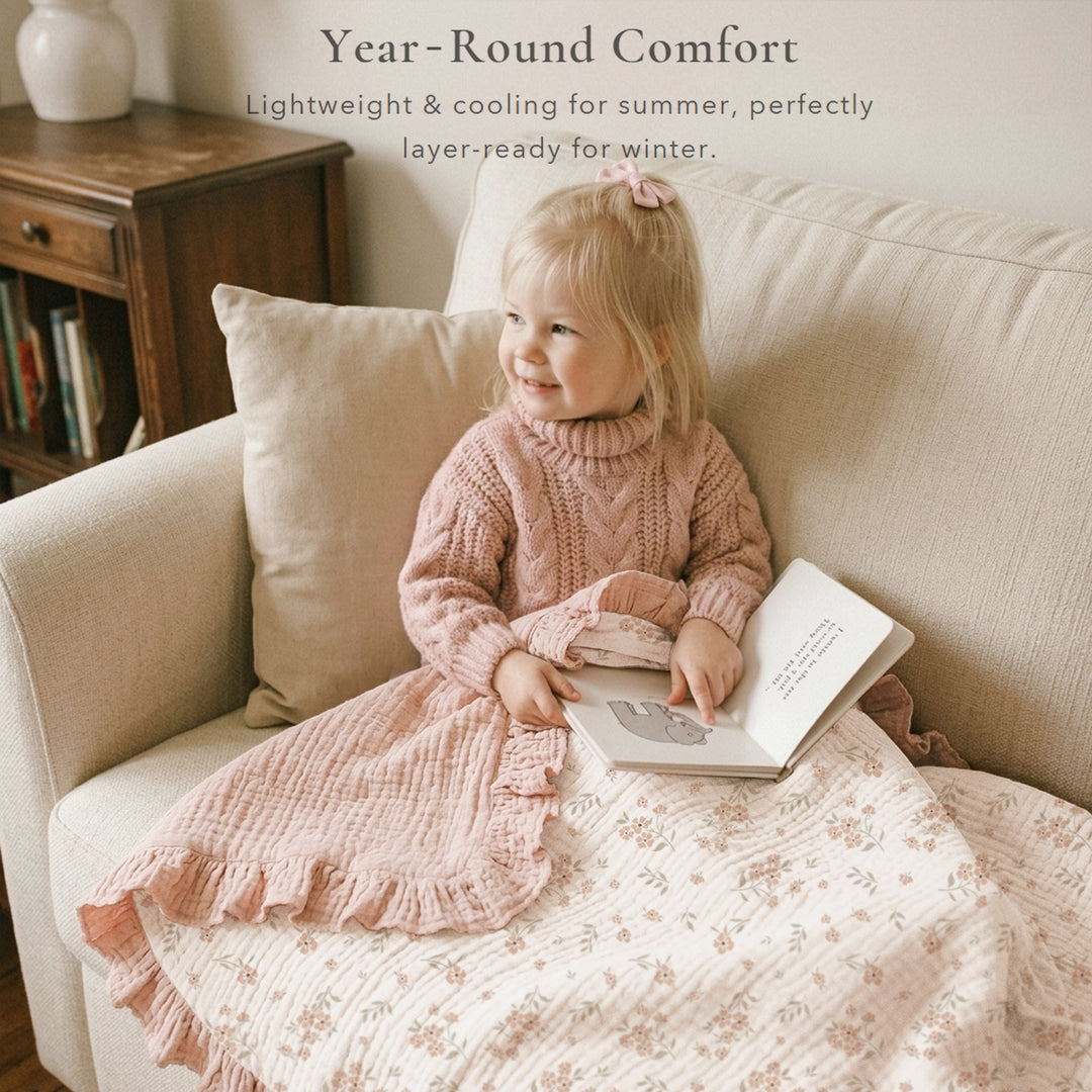 Konssy Flounce Muslin Baby Blanket for Girls Boys 47 x 47 Inches, 100% Cotton Soft Crib Swaddle Blankets, Reversible & Breathable Nursery Bedding for Newborns Toddlers (Blossom)