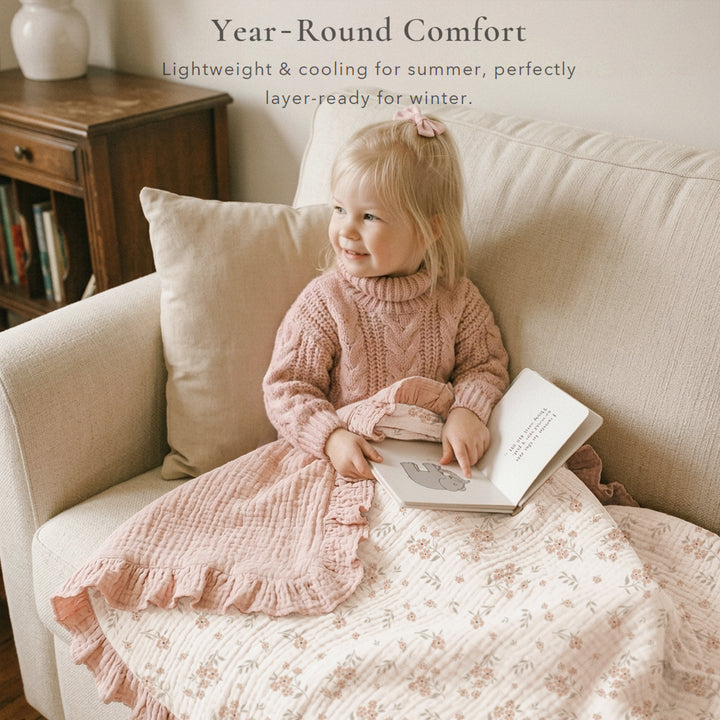Konssy Flounce Muslin Baby Blanket for Girls Boys 47 x 47 Inches, 100% Cotton Soft Crib Swaddle Blankets, Reversible & Breathable Nursery Bedding for Newborns Toddlers (Blossom)