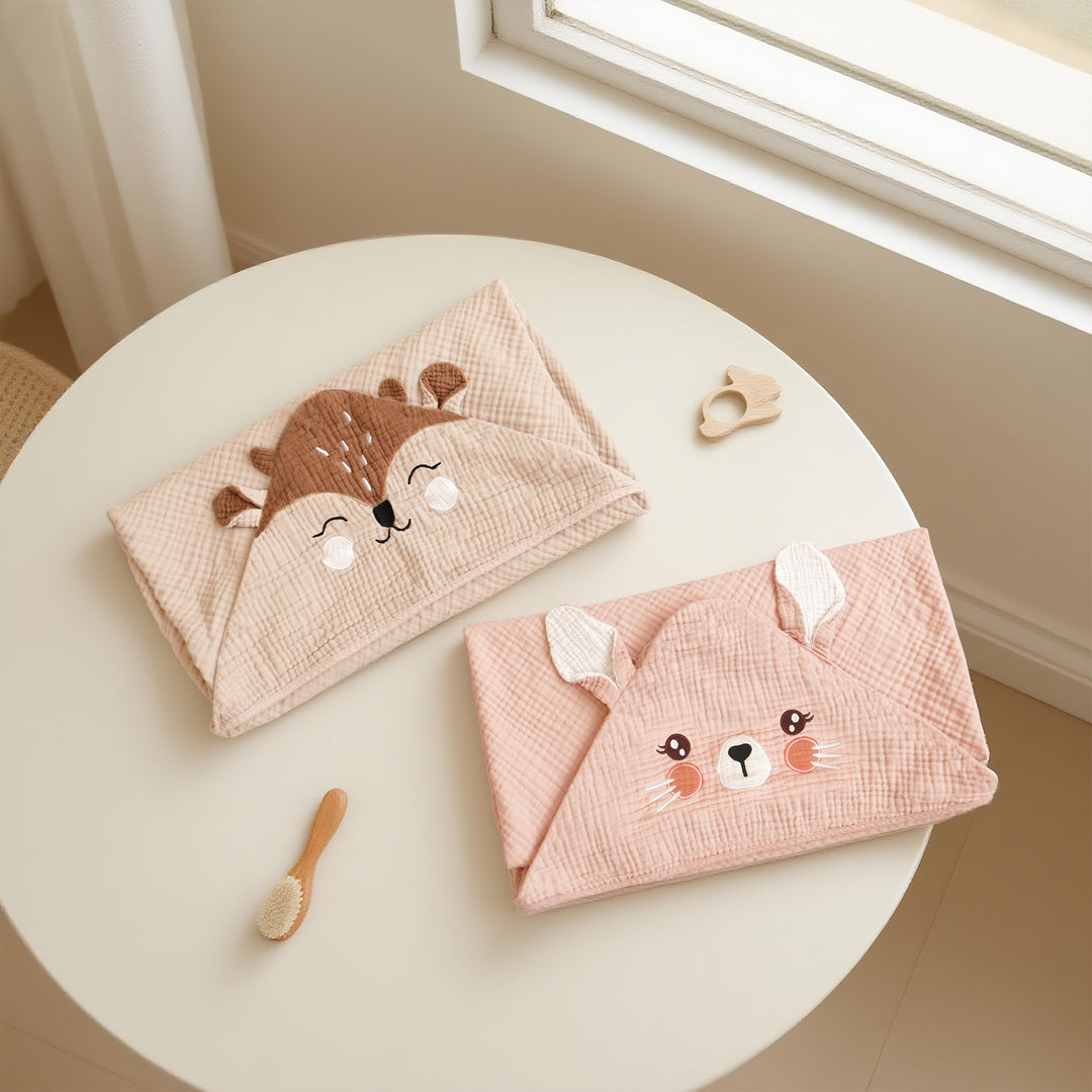 Konssy 2-Pack Muslin Baby Hooded Towels, 100% Cotton, Soft and Absorbent Baby Bath Towels for Newborn, Infant & Toddler with Animal Hooded Design