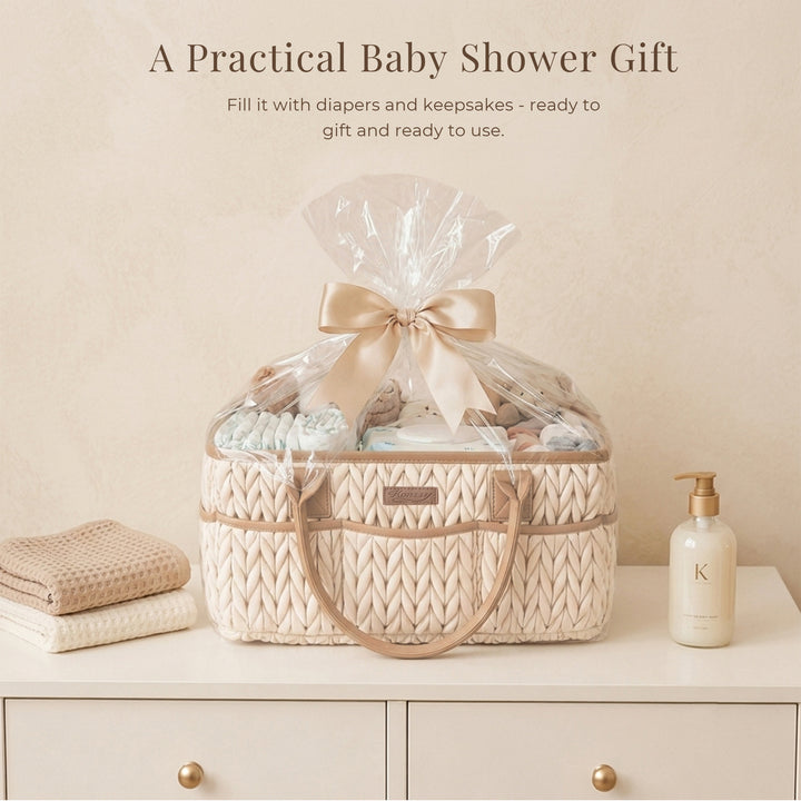 Konssy Baby Diaper Caddy Organizer, Braided Quilted Design with PU Handles | Water-Repellent, Portable Diaper Caddy Basket, Boho Nursery Organizer for Changing Table, Newborn Essentials