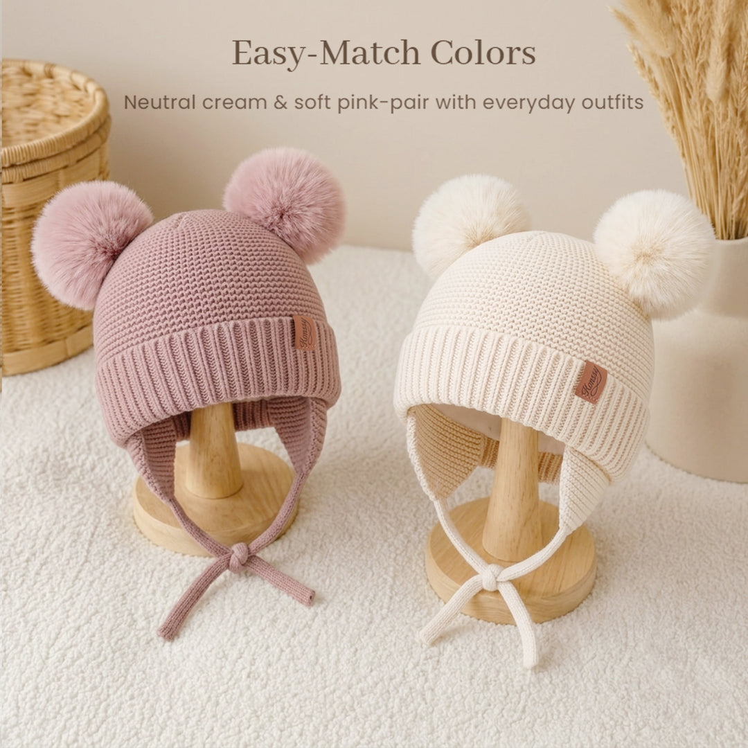 Konssy 2 Pack Baby Beanie Hat with Ear Flaps, Newborn Winter Hat 0-6 Months/60% Soft Cotton Lining to Help Retain Warmth, Secure Tie Closure, Comfy Double Pom-Pom Knit Winter Hat for Baby Boys Girls