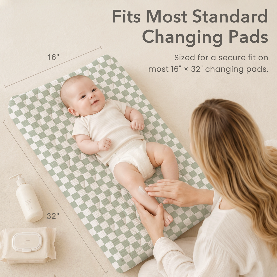 Konssy Waterproof Muslin Changing Pad Cover 2 Pack, 100% Cotton Quilted Diaper Changing Table Sheets, Soft Breathable Boho Nursery Bedding for Baby, Silent & Absorbent Standard Fit