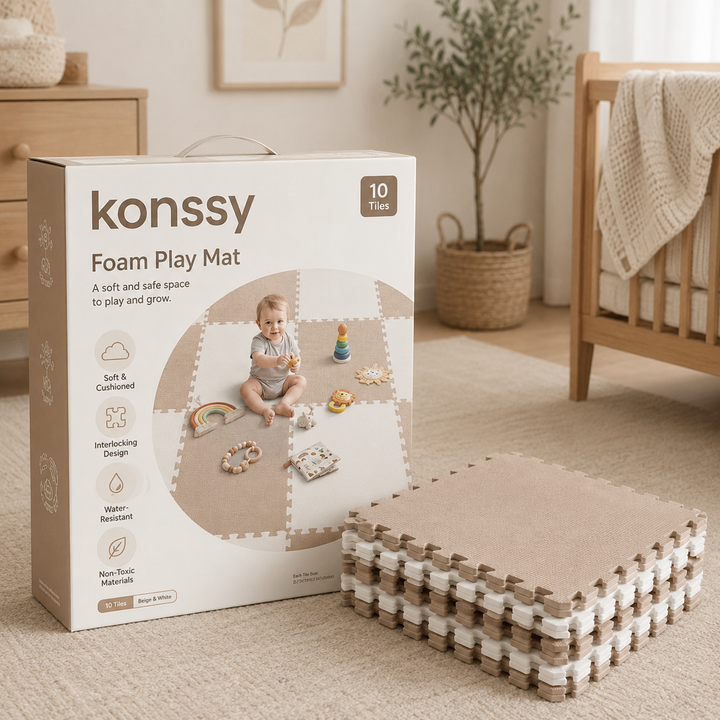 Konssy Baby Foam Play Mat, Interlocking EVA Floor Tiles, Waterproof Crawling Mat for Nursery and Playroom