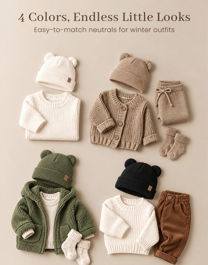 Konssy 4 Pack Baby Beanie with Bear Ear Warm Winter Hat for Newborn Infant Cozy Double-Layer Knitted Warm Cap, Extra-Soft Stretch Beanies, Multicolor Set, Baby Winter Hat for Boys and Girls 0-6 Months