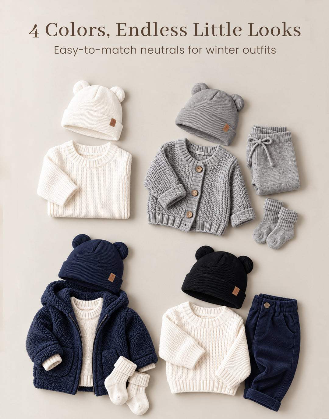 Konssy 4 Pack Baby Beanie with Bear Ear Warm Winter Hat for Newborn Infant Cozy Double-Layer Knitted Warm Cap, Extra-Soft Stretch Beanies, Multicolor Set, Baby Winter Hat for Boys and Girls 0-6 Months