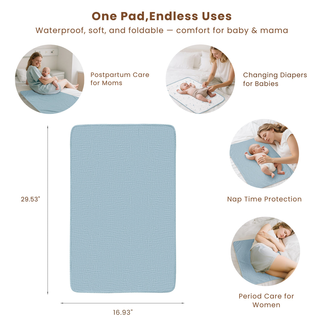Konssy 2 Pack Waterproof Muslin Cotton Portable Changing Pad 30"x 17", Soft & Foldable Baby Changing Mat Travel Pad with Terry Backing, Shower Gift for Newborn Girls Boys