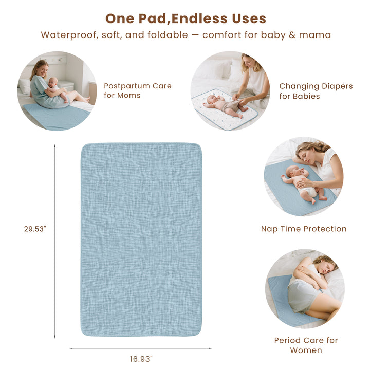 Konssy 2 Pack Waterproof Muslin Cotton Portable Changing Pad 30"x 17", Soft & Foldable Baby Changing Mat Travel Pad with Terry Backing, Shower Gift for Newborn Girls Boys