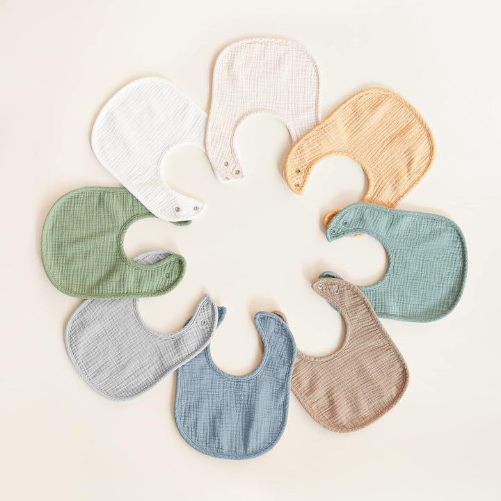 Konssy 8-Pack Muslin Baby Bibs, Adjustable Fit for Drooling and Teething Soft Absorbent, Drool Bibs for Baby Boys Girls, Cotton Front with Fleece Backing, Newborn to Toddler 0-36M