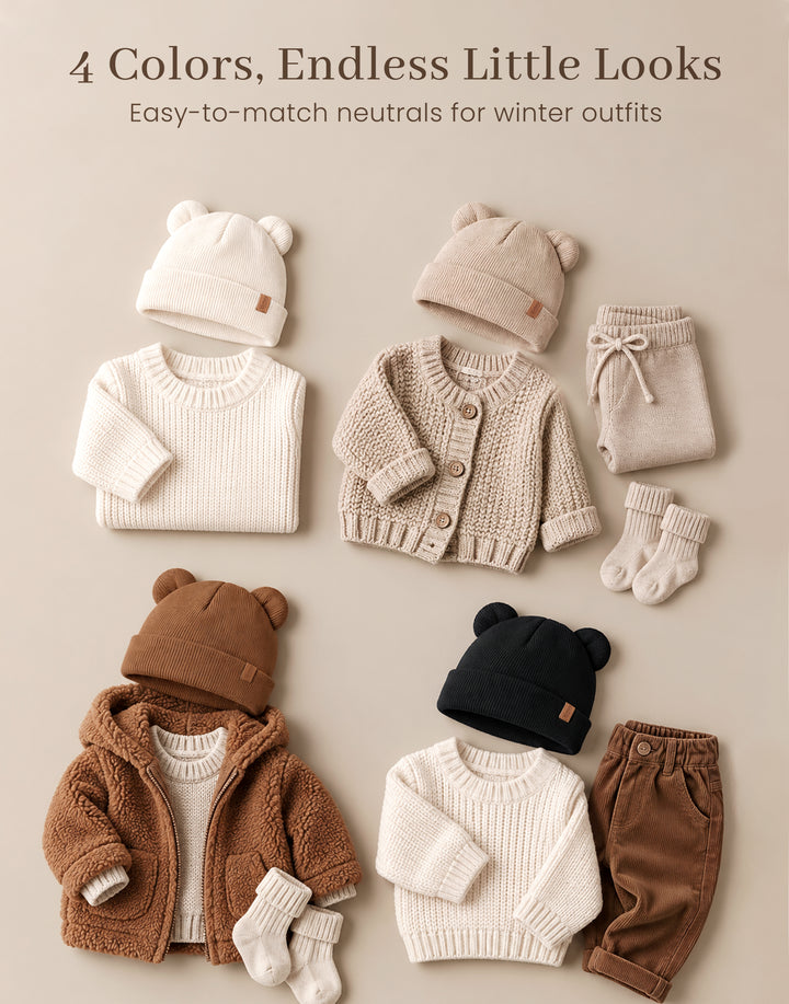 Konssy 4 Pack Baby Beanie with Bear Ear Warm Winter Hat for Newborn Infant Cozy Double-Layer Knitted Warm Cap, Extra-Soft Stretch Beanies, Multicolor Set, Baby Winter Hat for Boys and Girls 0-6 Months