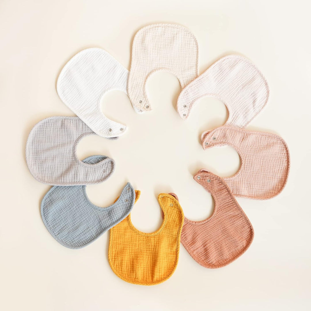 Konssy 8-Pack Muslin Baby Bibs, Adjustable Fit for Drooling and Teething Soft Absorbent, Drool Bibs for Baby Boys Girls, Cotton Front with Fleece Backing, Newborn to Toddler 0-36M