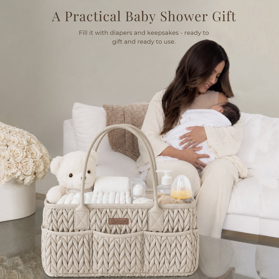 Konssy Baby Diaper Caddy Organizer, Braided Quilted Design with PU Handles | Water-Repellent, Portable Diaper Caddy Basket, Boho Nursery Organizer for Changing Table, Newborn Essentials