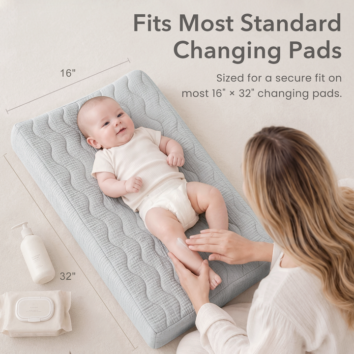 Konssy Waterproof Muslin Changing Pad Cover 2 Pack, 100% Cotton Quilted Diaper Changing Table Sheets, Soft Breathable Boho Nursery Bedding for Baby, Silent & Absorbent Standard Fit