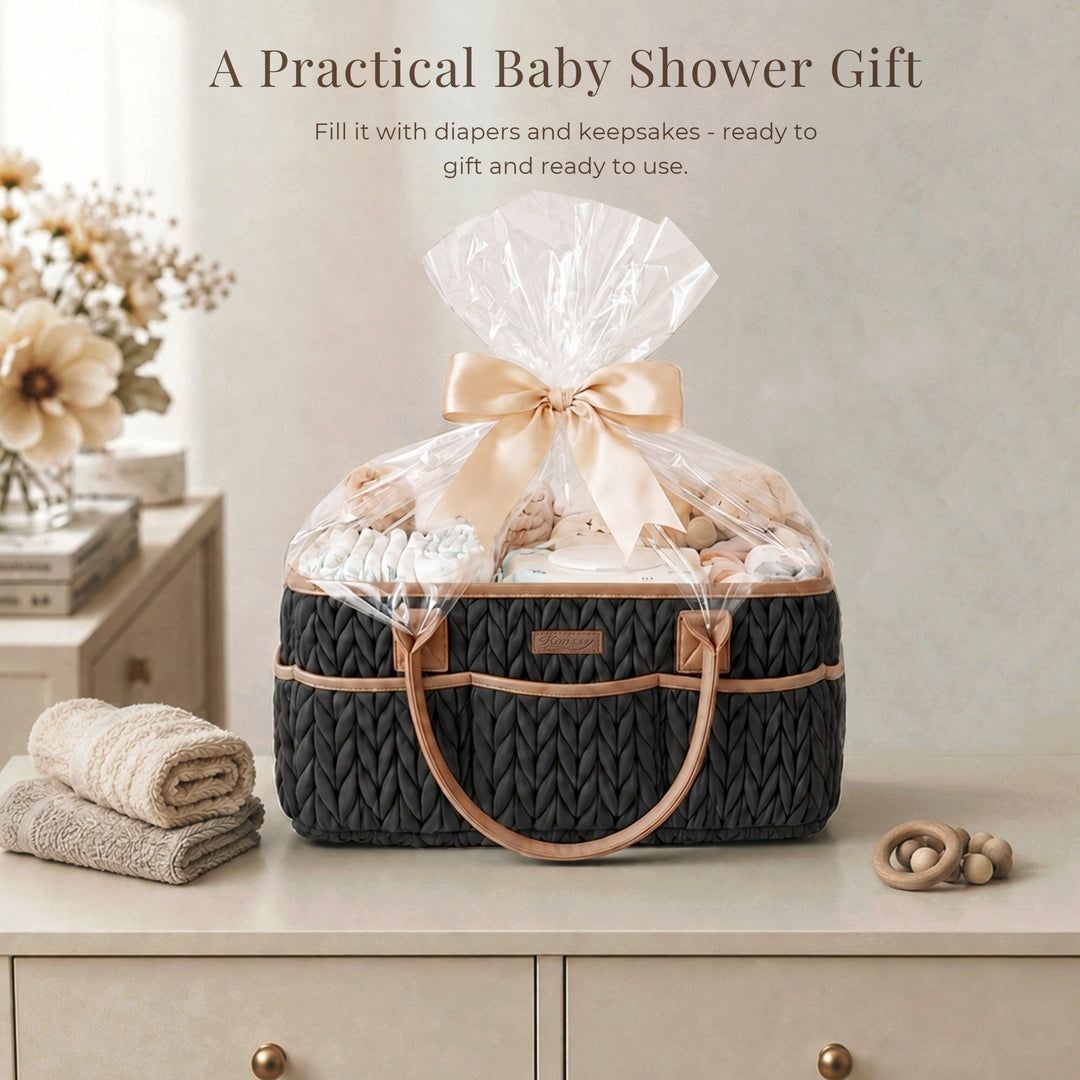 Konssy Baby Diaper Caddy Organizer, Braided Quilted Design with PU Handles | Water-Repellent, Portable Diaper Caddy Basket, Boho Nursery Organizer for Changing Table, Newborn Essentials