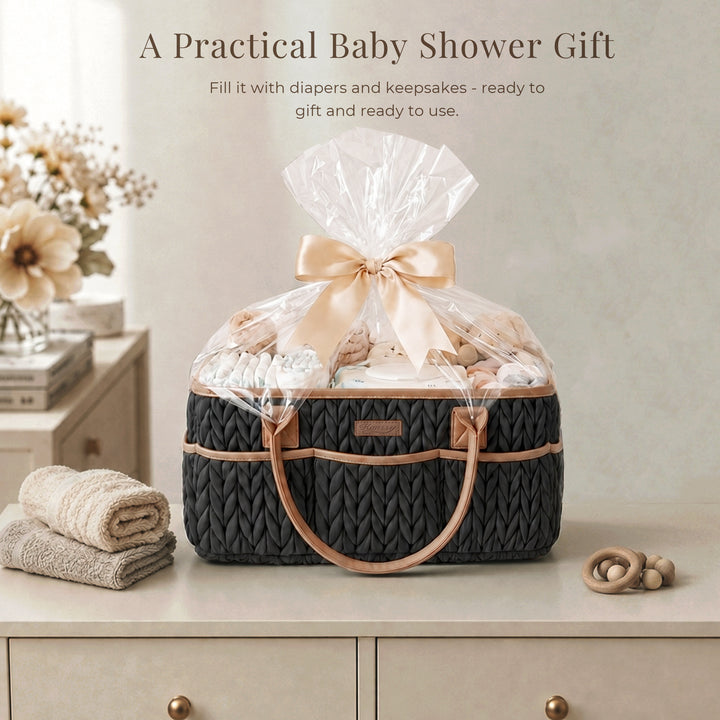Konssy Baby Diaper Caddy Organizer, Braided Quilted Design with PU Handles | Water-Repellent, Portable Diaper Caddy Basket, Boho Nursery Organizer for Changing Table, Newborn Essentials