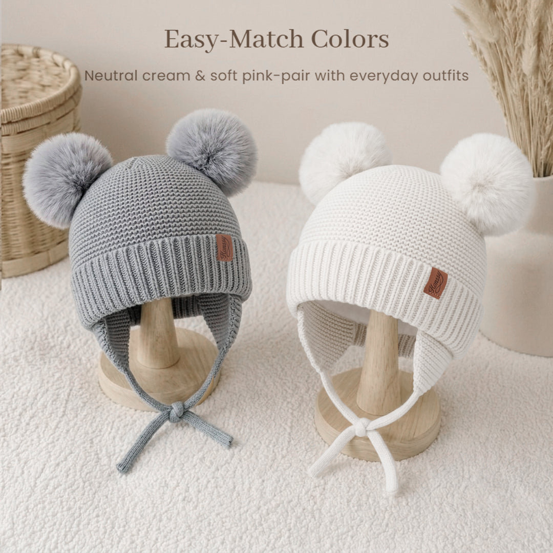 Konssy 2 Pack Baby Beanie Hat with Ear Flaps, Newborn Winter Hat 0-6 Months/60% Soft Cotton Lining to Help Retain Warmth, Secure Tie Closure, Comfy Double Pom-Pom Knit Winter Hat for Baby Boys Girls