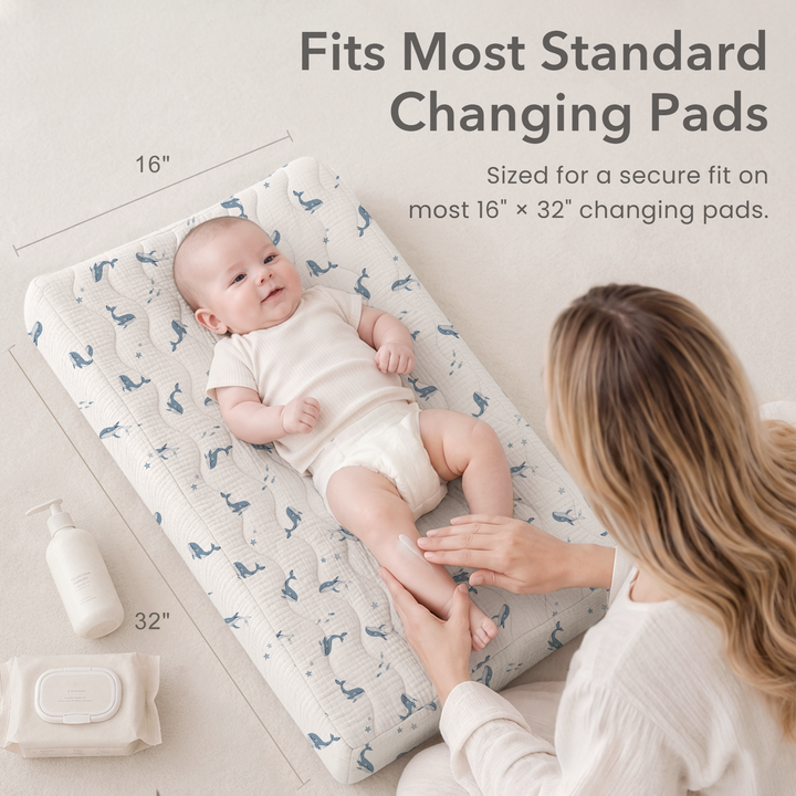 Konssy Waterproof Muslin Changing Pad Cover 2 Pack, 100% Cotton Quilted Diaper Changing Table Sheets, Soft Breathable Boho Nursery Bedding for Baby, Silent & Absorbent Standard Fit