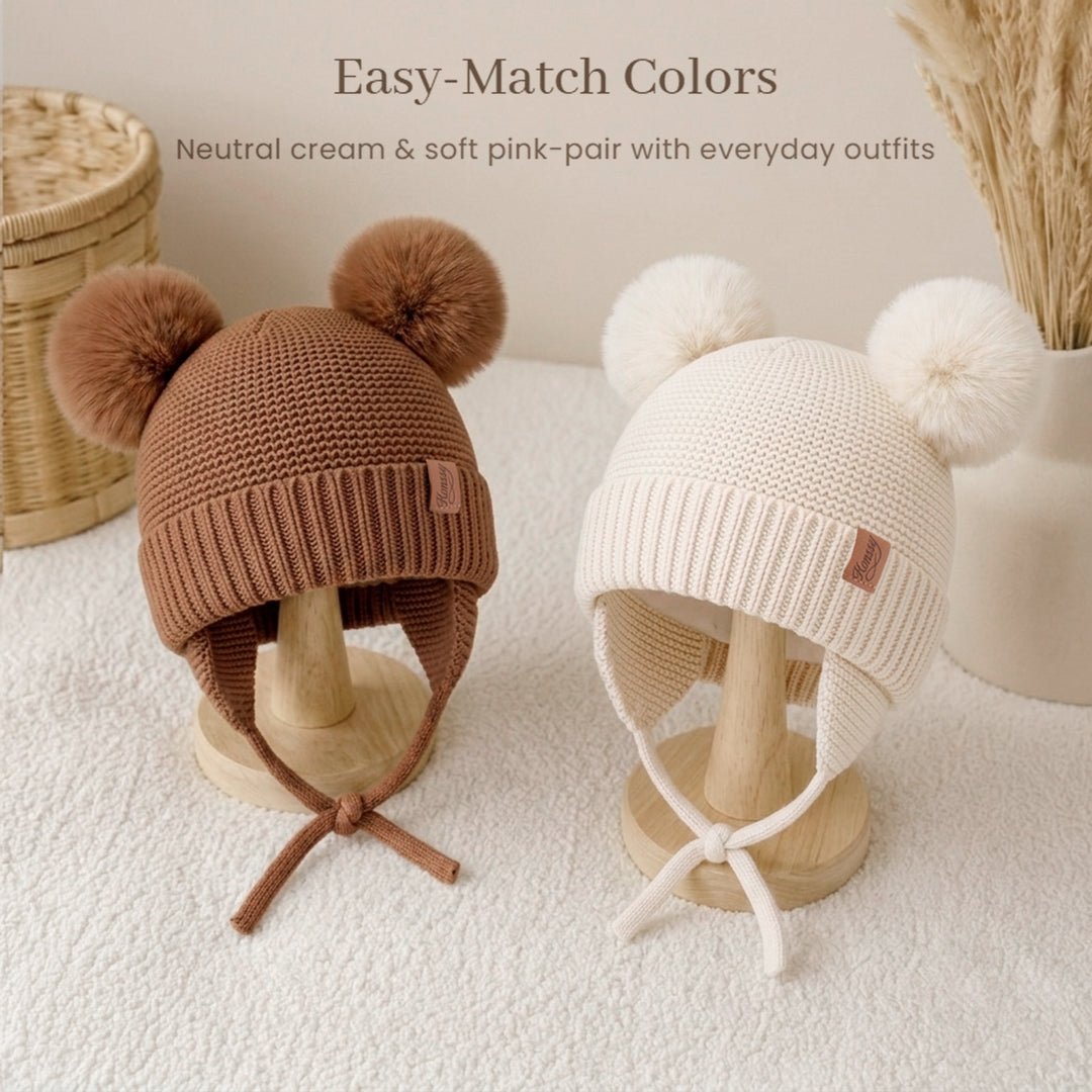 Konssy 2 Pack Baby Beanie Hat with Ear Flaps, Newborn Winter Hat 0-6 Months/60% Soft Cotton Lining to Help Retain Warmth, Secure Tie Closure, Comfy Double Pom-Pom Knit Winter Hat for Baby Boys Girls