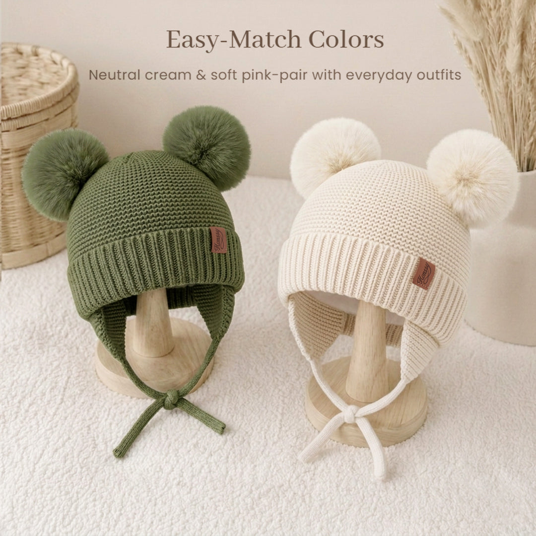 Konssy 2 Pack Baby Beanie Hat with Ear Flaps, Newborn Winter Hat 0-6 Months/60% Soft Cotton Lining to Help Retain Warmth, Secure Tie Closure, Comfy Double Pom-Pom Knit Winter Hat for Baby Boys Girls