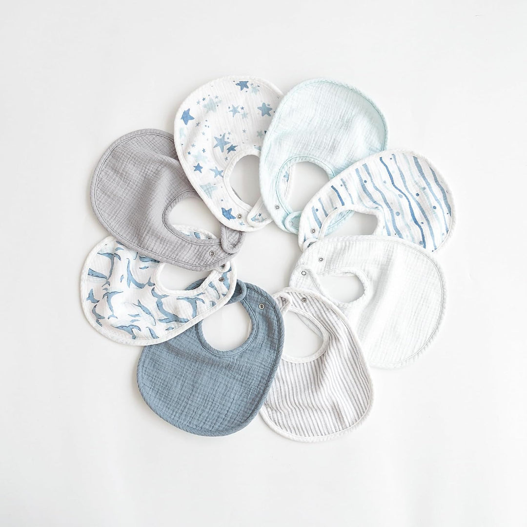 Konssy 8-Pack Muslin Baby Bibs, Adjustable Fit for Drooling and Teething Soft Absorbent, Drool Bibs for Baby Boys Girls, Cotton Front with Fleece Backing, Newborn to Toddler 0-36M