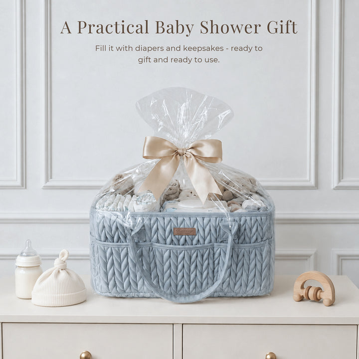 Konssy Baby Diaper Caddy Organizer, Braided Quilted Design with PU Handles | Water-Repellent, Portable Diaper Caddy Basket, Boho Nursery Organizer for Changing Table, Newborn Essentials