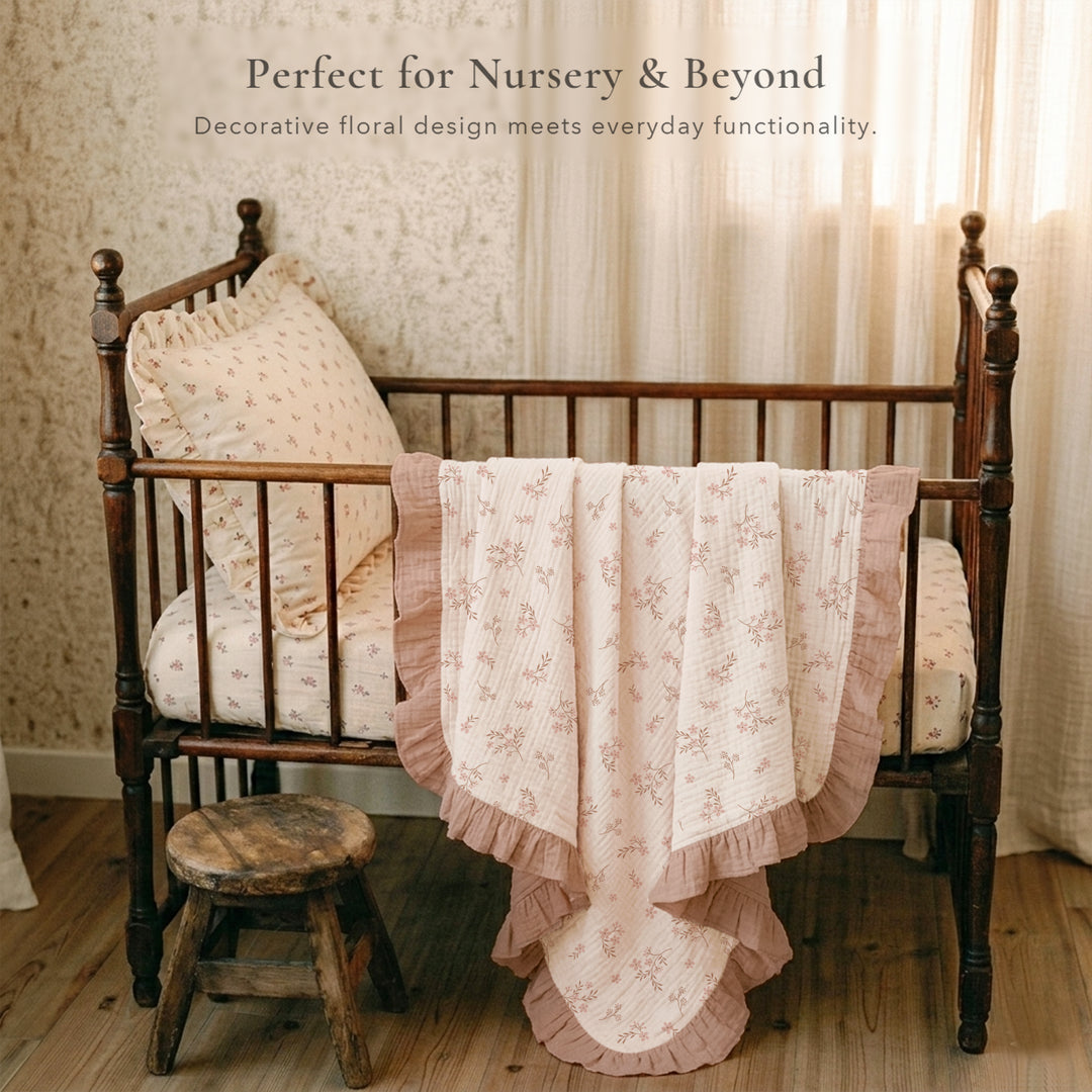 Konssy Flounce Muslin Baby Blanket for Girls Boys 47 x 47 Inches, 100% Cotton Soft Crib Swaddle Blankets, Reversible & Breathable Nursery Bedding for Newborns Toddlers(Petal Dream)