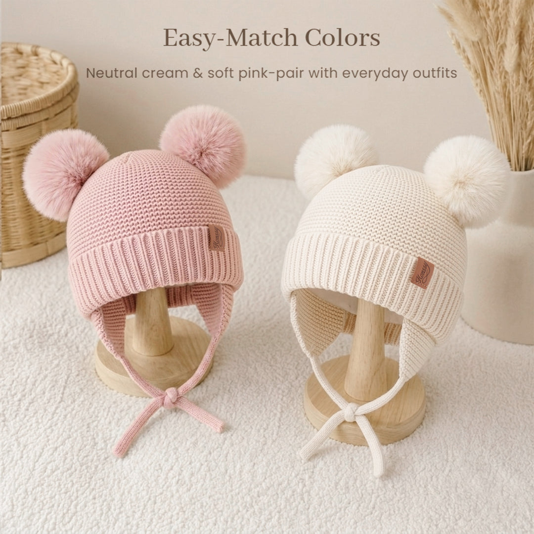 Konssy 2 Pack Baby Beanie Hat with Ear Flaps, Newborn Winter Hat 0-6 Months/60% Soft Cotton Lining to Help Retain Warmth, Secure Tie Closure, Comfy Double Pom-Pom Knit Winter Hat for Baby Boys Girls