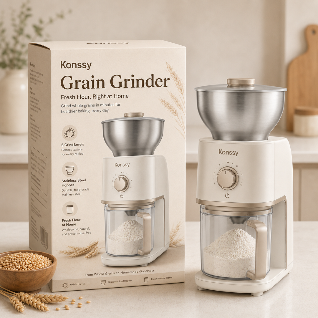 Konssy Electric Grain Mill Grinder, 6-Level Adjustable Flour Mill with Stainless Steel Hopper