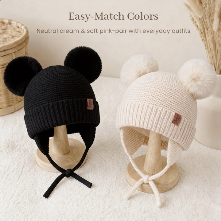 Konssy 2 Pack Baby Beanie Hat with Ear Flaps, Newborn Winter Hat 0-6 Months/60% Soft Cotton Lining to Help Retain Warmth, Secure Tie Closure, Comfy Double Pom-Pom Knit Winter Hat for Baby Boys Girls