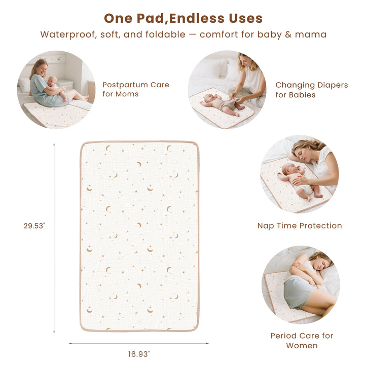 Konssy 2 Pack Waterproof Muslin Cotton Portable Changing Pad 30"x 17", Soft & Foldable Baby Changing Mat Travel Pad with Terry Backing, Shower Gift for Newborn Girls Boys