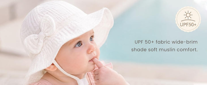 Konssy 2-Pack Muslin Baby Sun Hats for Girls with Bows, UPF 50+ - product details 2