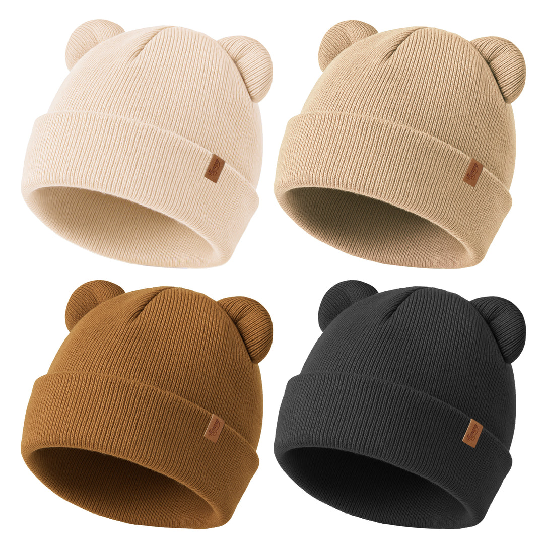 Konssy 4 Pack Baby Winter Hat with Bear Ears, Warm Rib Baby Knit Beanie for Newborns & Infants, Cozy Hat 0–6 Months