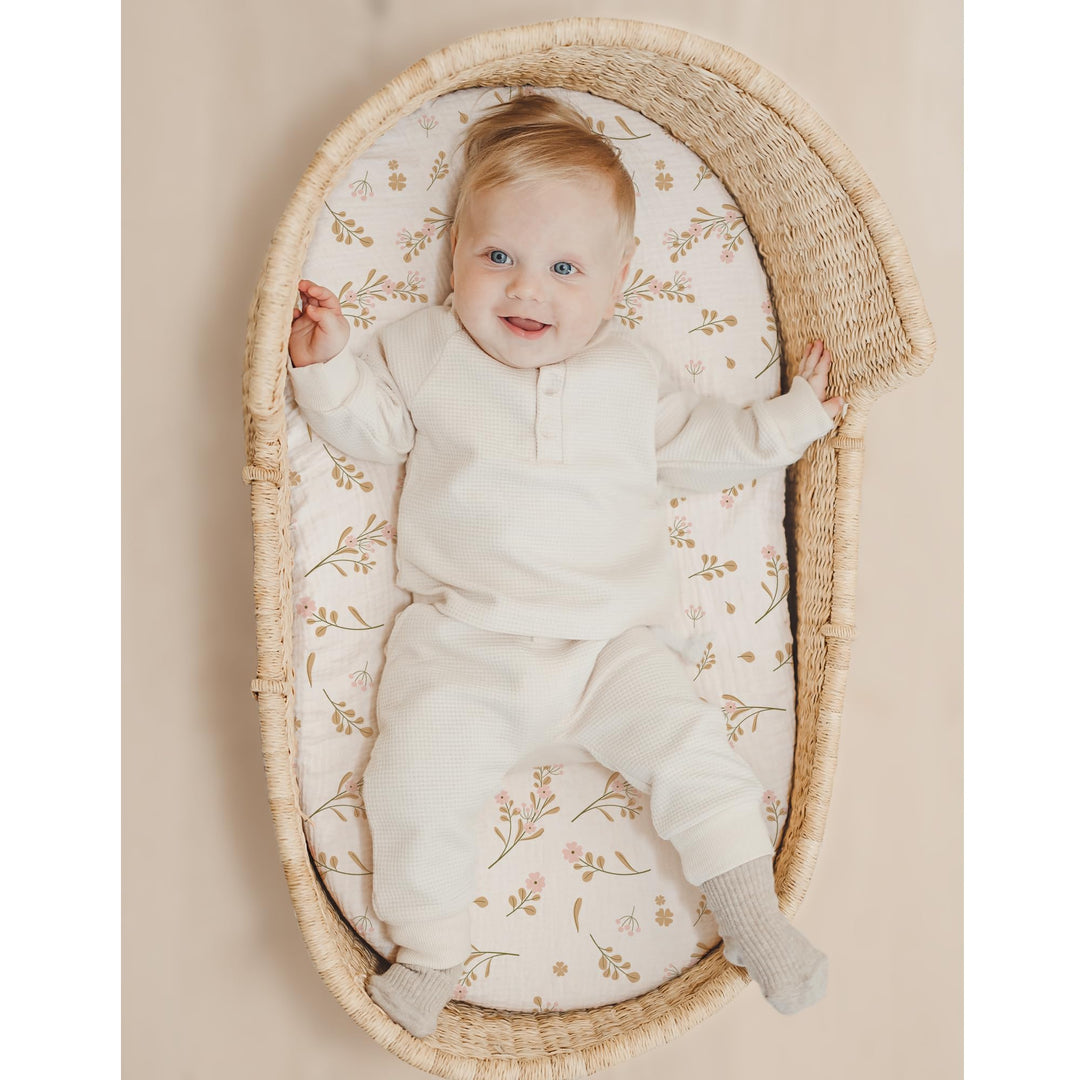 Konssy 2 Pack Muslin Bassinet Sheets for Baby Girls Boys, 32"x16" - Floral,Pink - image 2