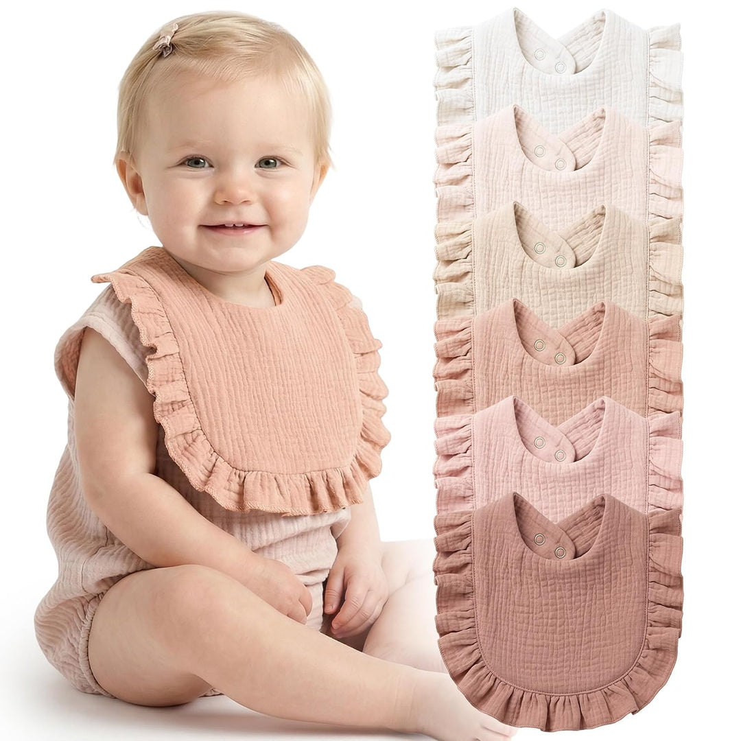 Konssy 6-Pack Muslin Baby Girl Bibs, 100% Soft Cotton Absorbent Drool Bibs 6-Layer Adjustable Bibs with Ruffle Trim for Drooling & Teething, Baby Girl Gifts for Newborn, Infant 0-36 Months