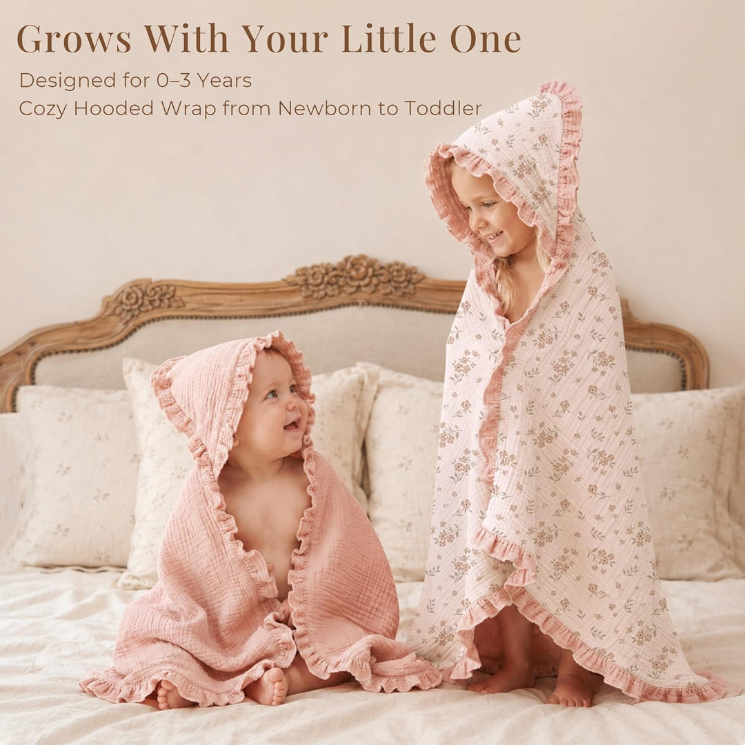 Konssy 100% Muslin Cotton Baby Hooded Towel, Soft Absorbent Bath Towel for Newborns, Infants and Toddlers, Baby Gift and Newborn Essentials with Lace Ruffle Hood - Pink - B0GY7KSJ9B image 2