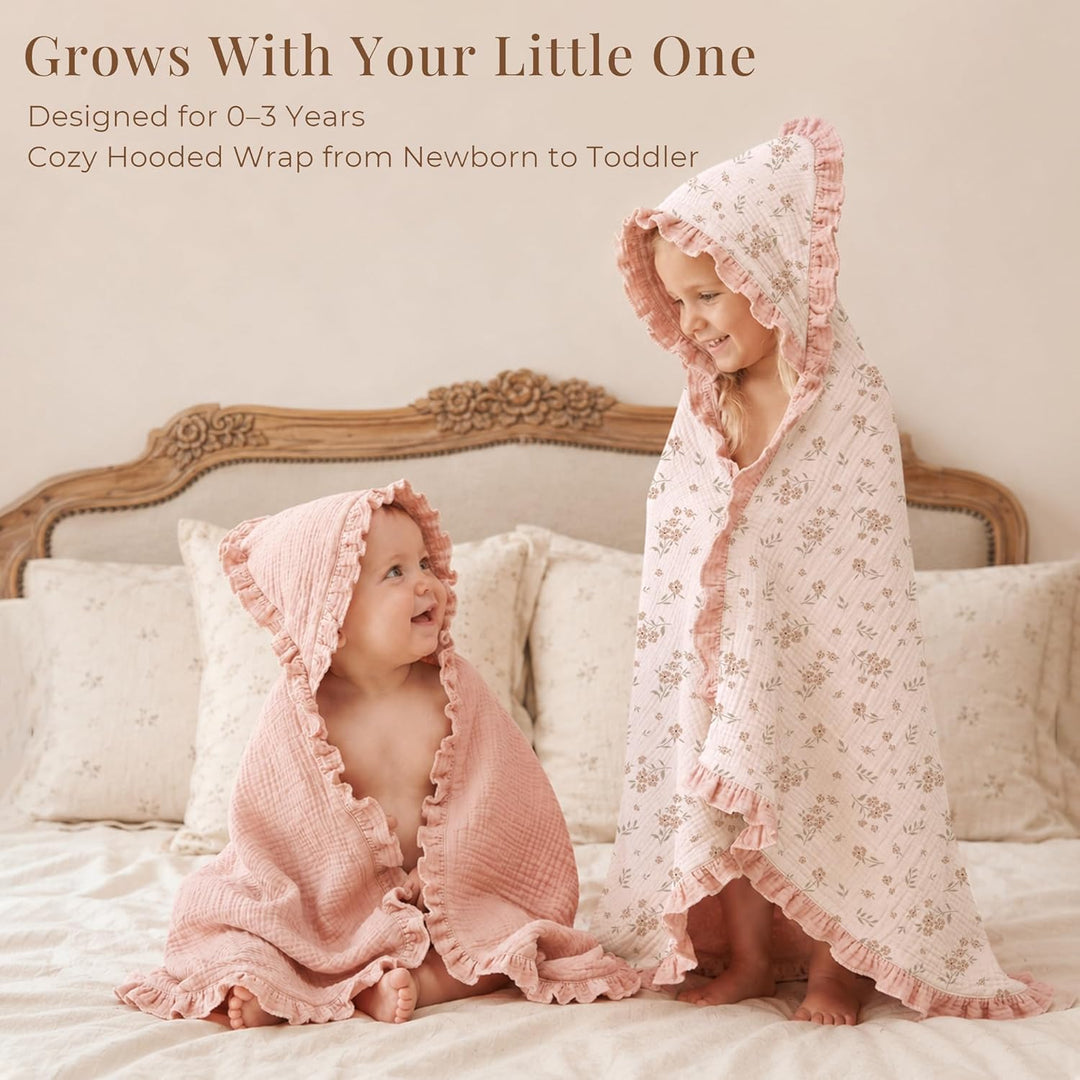 Konssy 100% Muslin Cotton Baby Hooded Towel, Soft Absorbent Bath Towel for Newborns, Infants and Toddlers, Baby Gift and Newborn Essentials with Lace Ruffle Hood - Blossom - B0GY7B1ZLS image 2