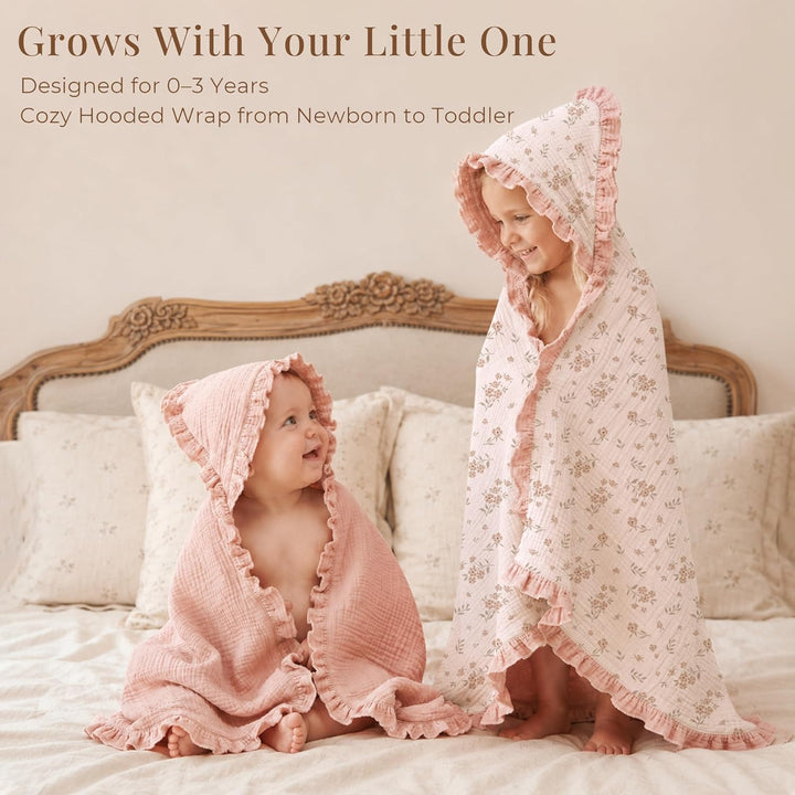 Konssy 100% Muslin Cotton Baby Hooded Towel, Soft Absorbent Bath Towel for Newborns, Infants and Toddlers, Baby Gift and Newborn Essentials with Lace Ruffle Hood - Blossom - B0GY7B1ZLS image 2