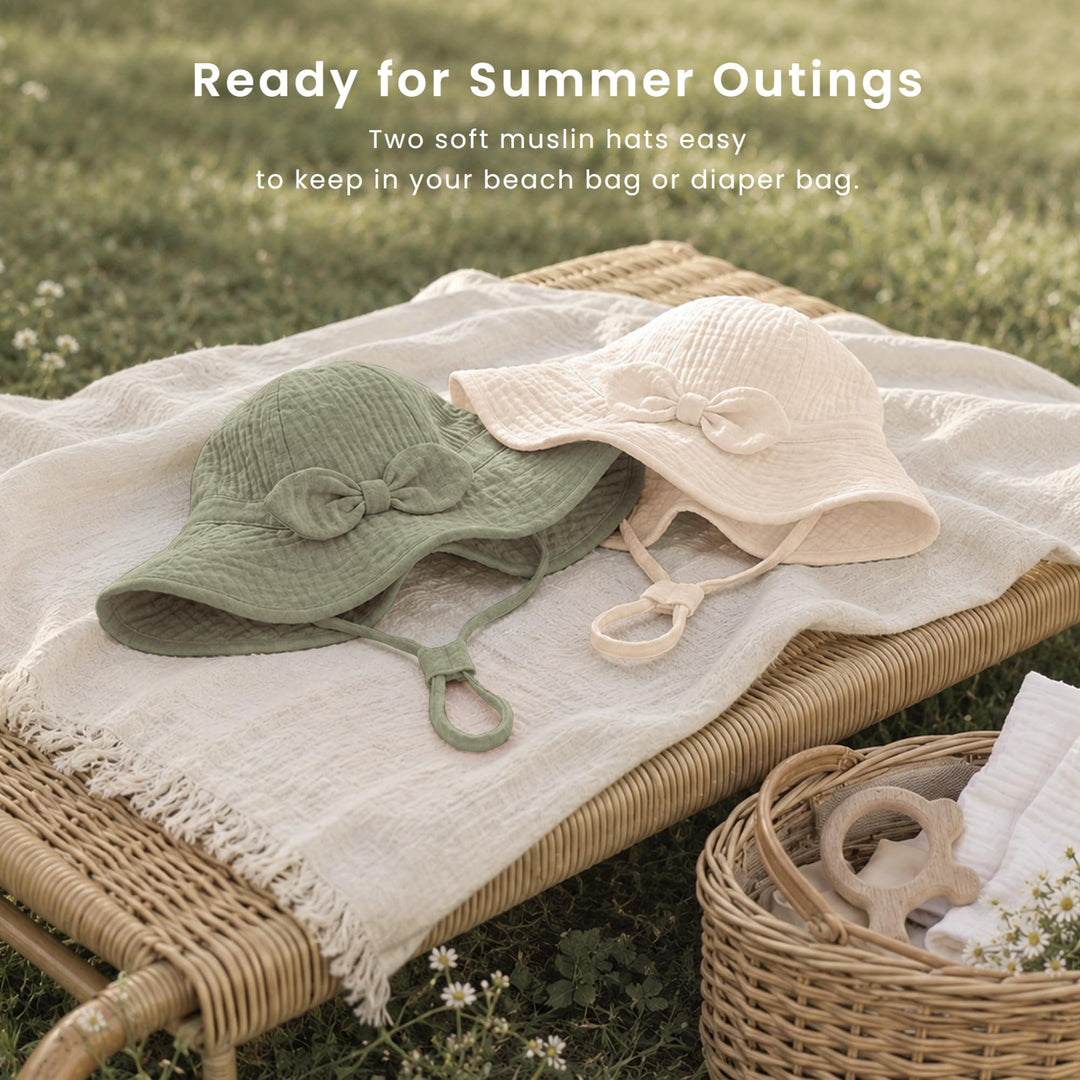Konssy 2-Pack Muslin Baby Sun Hats for Girls with Bows, UPF 50+ - Cream Fog Green - image 5