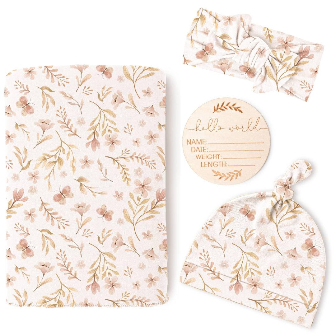 Konssy Newborn Swaddle Blanket with Beanie Hat Set, Baby Receiving Blanket - Pink Spring - image 1