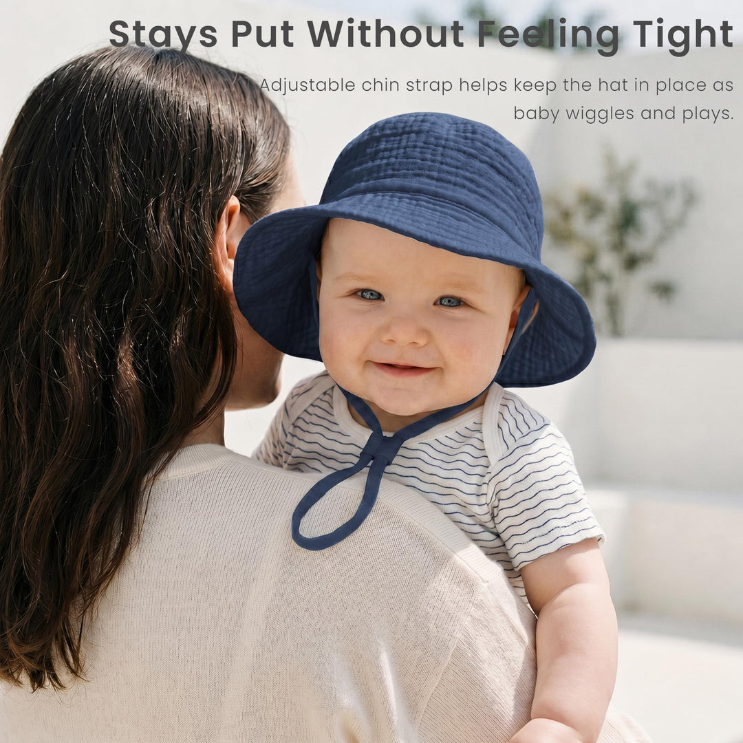 Konssy Muslin Baby Boy Sun Hat 2-Pack, Infant Sun Hat with Wide Brim, UPF 50+ Baby Beach Hat for 0-6 Months - Navy-fog green - image 8