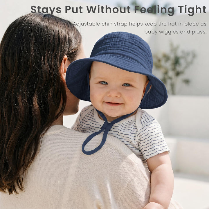 Konssy Muslin Baby Boy Sun Hat 2-Pack, Infant Sun Hat with Wide Brim, UPF 50+ Baby Beach Hat for 0-6 Months - Navy-fog green - image 8