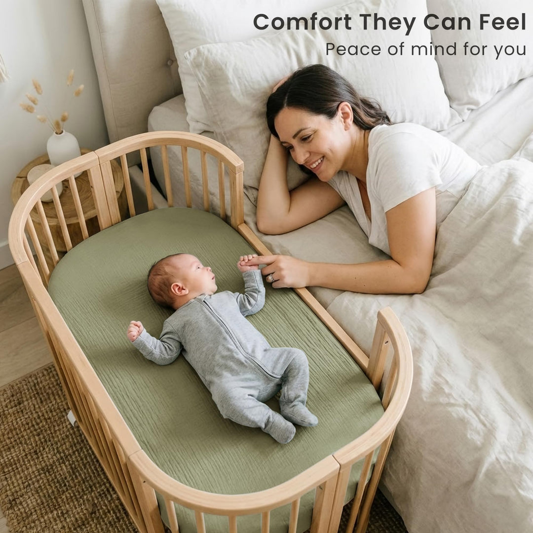 Konssy Muslin Bassinet Sheets for Baby Boys and Girls, 2 Pack, 33"x21" - Fog Green,Cream - image 2