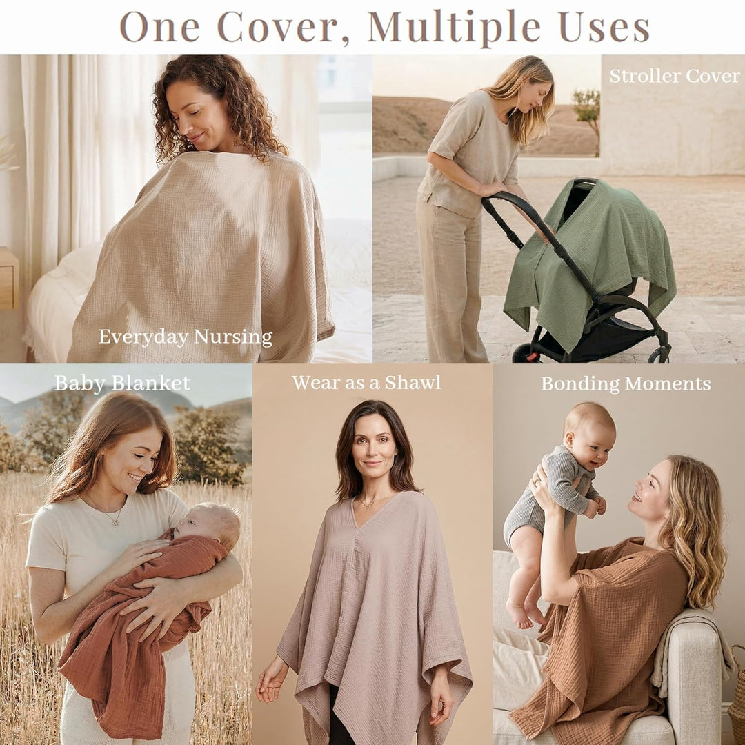 Konssy Muslin Nursing Cover for Breastfeeding, 360° Full Privacy Breathable 100% Cotton Breastfeeding Cover, Multi-use Carseat Canopy