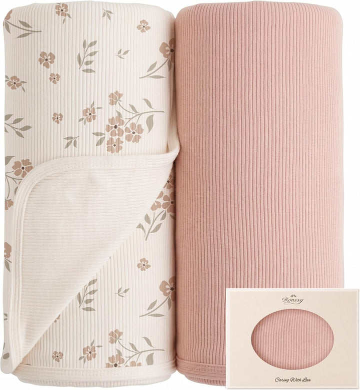 Konssy Ribbed Knit Baby Blankets 2 Pack, Stretchy Lightweight Swaddle Blanket for Boys & Girls, Soft Cozy Receiving Wrap for Newborns, Infants, & Toddlers, 33x42 Inch