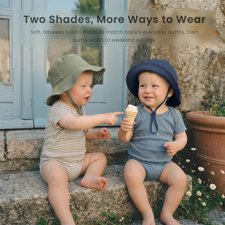 Konssy Muslin Baby Boy Sun Hat 2-Pack, Infant Sun Hat with Wide Brim, UPF 50+ Baby Beach Hat for 0-6 Months - Navy-fog green - image 5